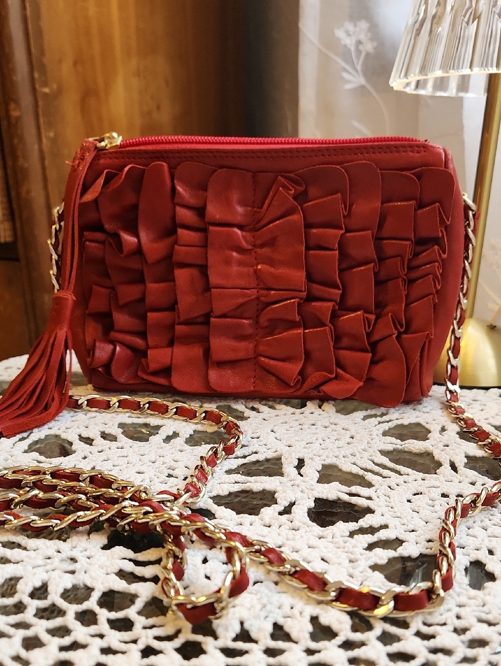 Nordstrom Red Leather Ruffle Crossbody Bag with Gold Chain- Made In Italy